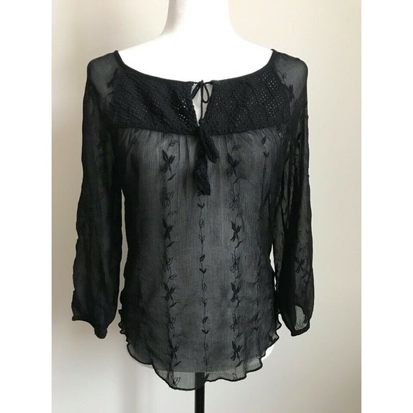 Lucky Brand Tops - LUCKY BRAND Live in Love Black Sheer Blouse Top Size XS Tassles Boho Peasant